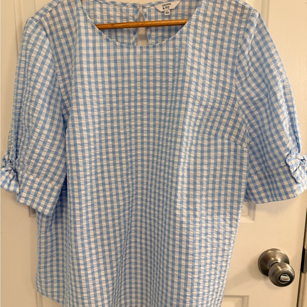 Crown & Ivy Light Blue and White Checkered Top